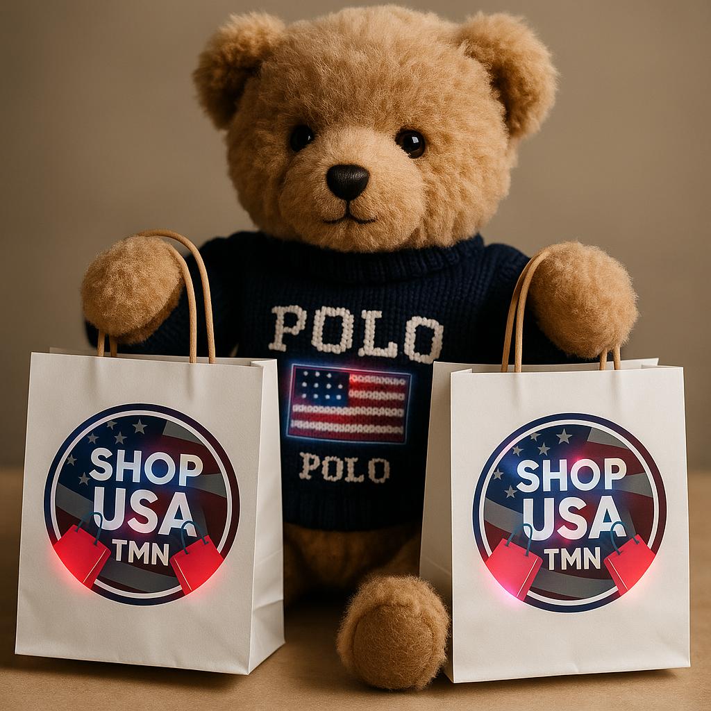 Мишка Ralph Lauren с пакетами Shop USA